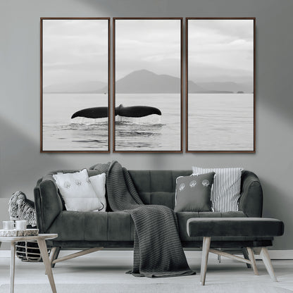 30524220-MGV-CV-36X24-Whale Tail Wall Art Canvas Print, Framed Black White Ocean Art Picture Print, Calm Marine Perfect Minimalist Coastal Decor Artwork