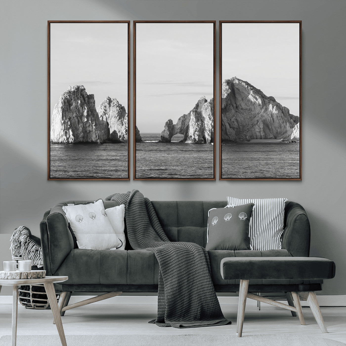 18810731-MGV-CV-36X24-Rugged Coastline Wall Art Canvas Print, Framed Ocean Cliffs Art Picture Print, Monochrome Seascape Perfect Coastal Minimalist
