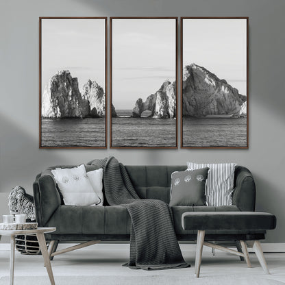 18810731-MGV-CV-36X24-Rugged Coastline Wall Art Canvas Print, Framed Ocean Cliffs Art Picture Print, Monochrome Seascape Perfect Coastal Minimalist