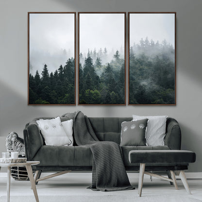 84146572-MGV-CV-36X24-Foggy Pine Trees Wall Art Canvas Print, Framed Forest Nature Art Picture Print, Evergreen Forest Perfect Scandinavian Minimalist