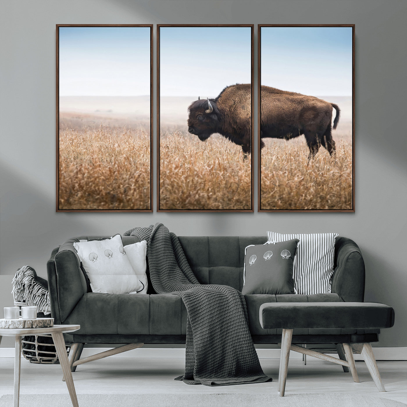 99620201-MGV-CV-36X24-Wild Bison Wall Art Canvas Print, Framed Bison in Prairie Art Picture Print, Rustic Western Perfect Rustic Western Decor Artwork