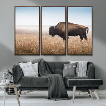 99620201-MGV-CV-36X24-Wild Bison Wall Art Canvas Print, Framed Bison in Prairie Art Picture Print, Rustic Western Perfect Rustic Western Decor Artwork
