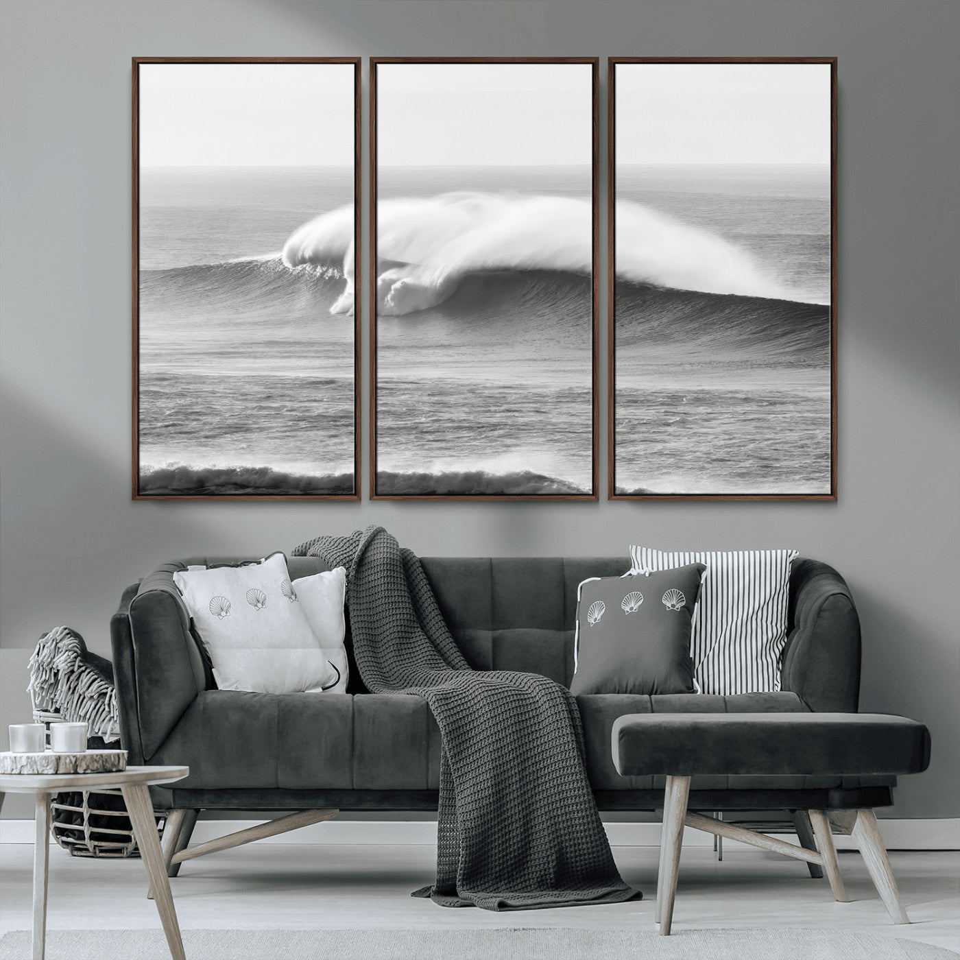 42544082-MGV-CV-36X24-Monochrome Seascape Wall Art Canvas Print, Framed Surf Wave Art Picture Print, Minimalist Ocean Perfect Moody Coastal Decor