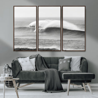 42544082-MGV-CV-36X24-Monochrome Seascape Wall Art Canvas Print, Framed Surf Wave Art Picture Print, Minimalist Ocean Perfect Moody Coastal Decor