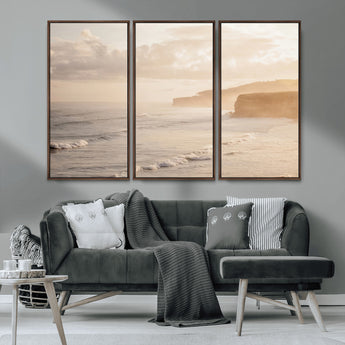57669769-MGV-CV-36X24-Misty Coastal Wall Art Canvas Print, Framed Golden Sunset Art Picture Print, Serene Shoreline Perfect Tranquil Coastal Decor