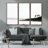 40875891-MGV-CV-36X24-SurferCliffs Wall Art Canvas Print, Framed Black White Beach Art Picture Print, Ocean Waves Perfect Minimalist Coastal Decor