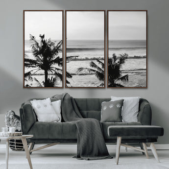 17508038-MGV-CV-36X24-Tropical Coastline Wall Art Canvas Print, Framed Palm Trees Art Picture Print, Ocean Waves Perfect Minimalist Coastal Decor