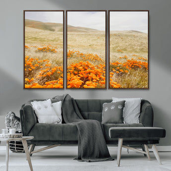 28972262-MGV-CV-36X24-Golden Wildflowers Wall Art Canvas Print, Framed Hills Bloom Art Picture Print, Poppy Meadow Perfect Rustic Nature Decor Artwork