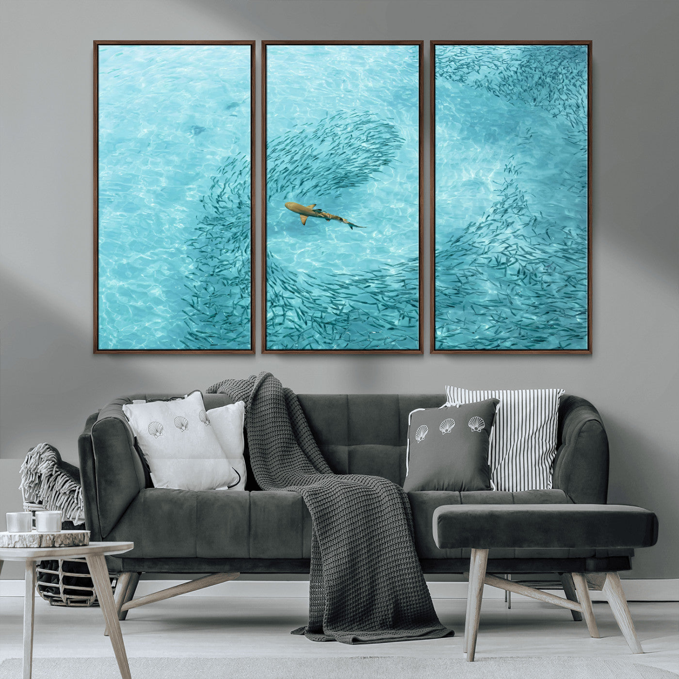 43671474-MGV-FC-48X32-3P_Walnut-Fish Swarm Wall Art Canvas Print, Framed Marine Life Art Picture Print, Shark Aerial Perfect Wildlife Coastal Decor Artwork