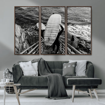 32353707-MGV-CV-36X24-Black White Surfing Wall Art Canvas Print, Framed Coastal Surfing Art Picture Print, Wave Riders Perfect Coastal Adventure Decor