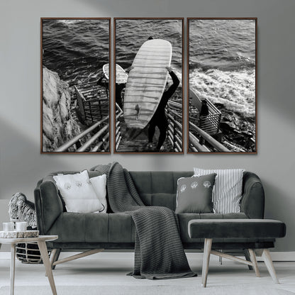 32353707-MGV-CV-36X24-Black White Surfing Wall Art Canvas Print, Framed Coastal Surfing Art Picture Print, Wave Riders Perfect Coastal Adventure Decor