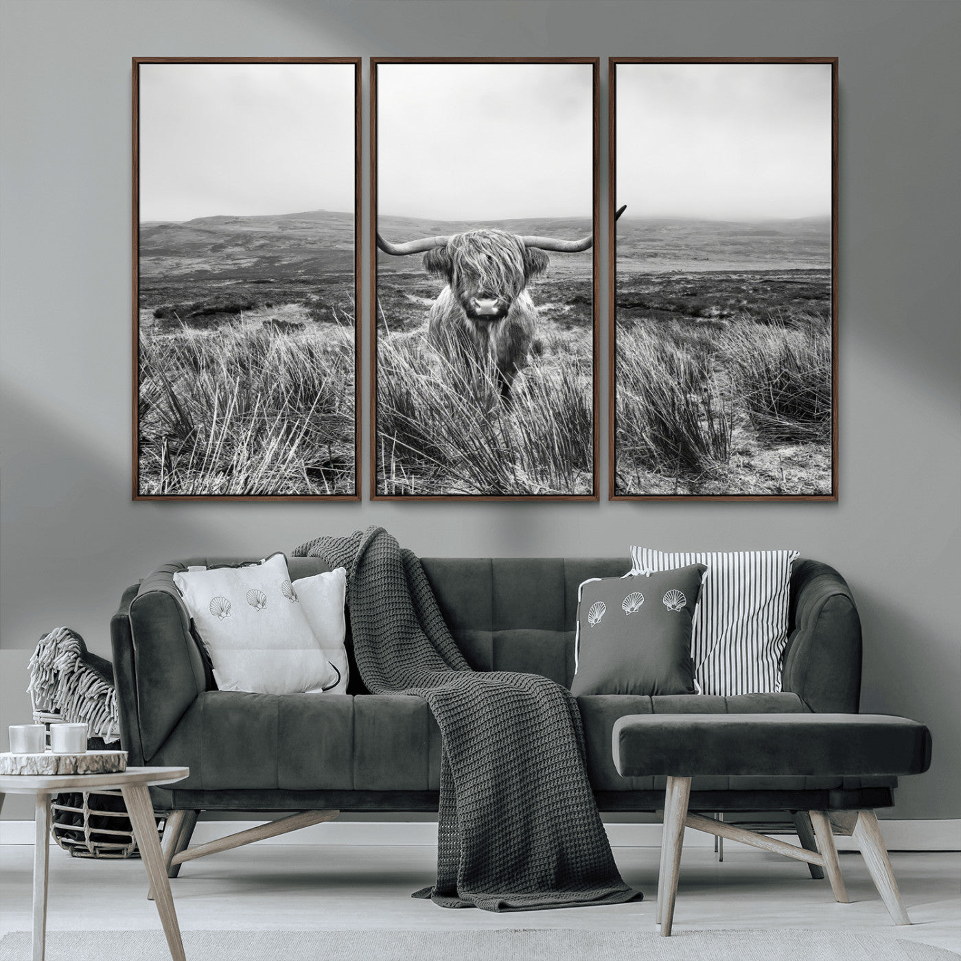 24051061-MGV-CV-36X24-Monochrome Highland Cow Wall Art Canvas Print, Framed Scottish Bull Art Picture Print, Lone Cattle Perfect Rustic Farmhouse Decor