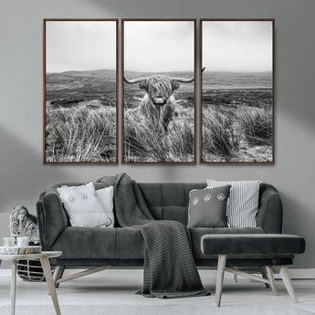 24051061-MGV-CV-36X24-Monochrome Highland Cow Wall Art Canvas Print, Framed Scottish Bull Art Picture Print, Lone Cattle Perfect Rustic Farmhouse Decor