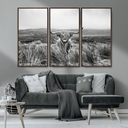 24051061-MGV-CV-36X24-Monochrome Highland Cow Wall Art Canvas Print, Framed Scottish Bull Art Picture Print, Lone Cattle Perfect Rustic Farmhouse Decor