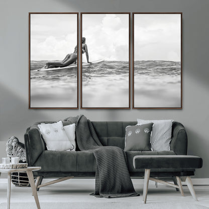 69798068-MGV-CV-36X24-Black White Surfing Wall Art Canvas Print, Framed Ocean Horizon Art Picture Print, Surfer Girl Perfect Coastal Adventure Decor
