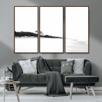 29611516-MGV-CV-36X24-Black White Beach Wall Art Canvas Print, Framed Palm Trees Art Picture Print, Monochrome Tropical Perfect Minimalist Coastal Decor