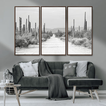 35537313-MGV-CV-36X24-Monochrome Desert Wall Art Canvas Print, Framed Cactus Path Art Picture Print, Southwestern Landscape Perfect Southwestern