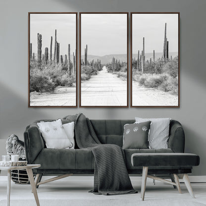 35537313-MGV-CV-36X24-Monochrome Desert Wall Art Canvas Print, Framed Cactus Path Art Picture Print, Southwestern Landscape Perfect Southwestern