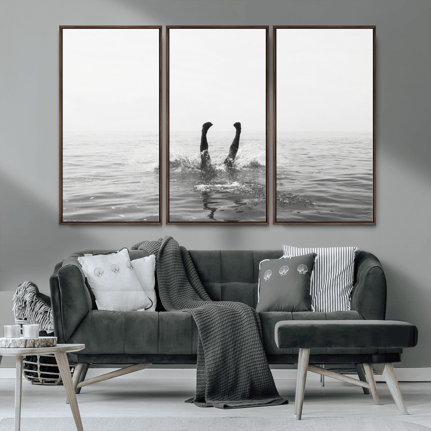 26667396-MGV-CV-36X24-Black White Ocean Wall Art Canvas Print, Framed Monochrome Water Art Picture Print, Diving into Water Perfect Minimalist Aquatic