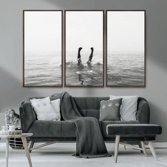 26667396-MGV-CV-36X24-Black White Ocean Wall Art Canvas Print, Framed Monochrome Water Art Picture Print, Diving into Water Perfect Minimalist Aquatic