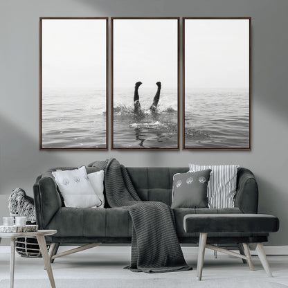 26667396-MGV-CV-36X24-Black White Ocean Wall Art Canvas Print, Framed Monochrome Water Art Picture Print, Diving into Water Perfect Minimalist Aquatic