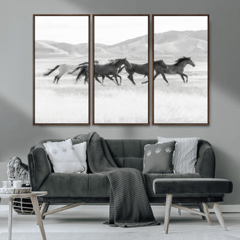 69934913-MGV-CV-36X24-Wild Horses Running Wall Art Canvas Print, Framed Black White Mustangs Art Picture Print, Rustic Western Perfect Rustic Western