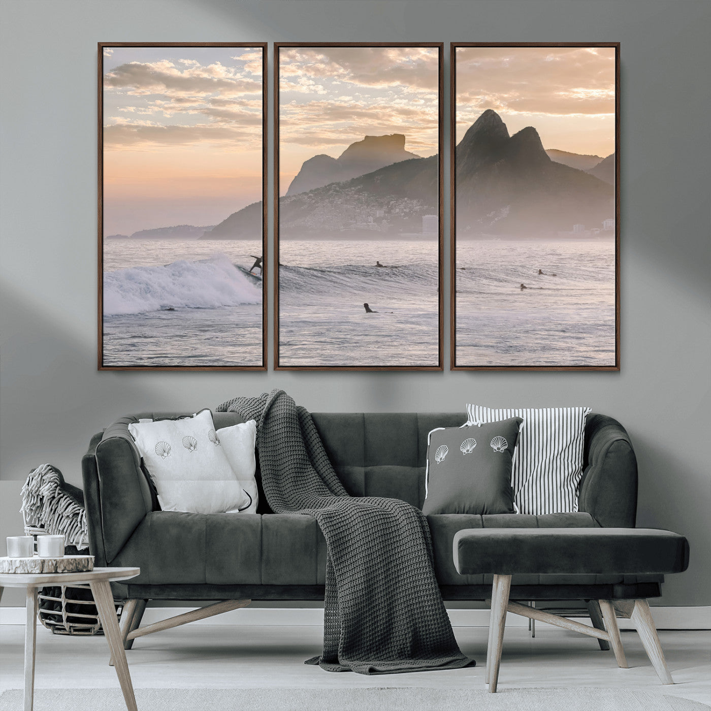 70644906-MGV-CV-36X24-Sunset Surfing Wall Art Canvas Print, Framed Misty Mountains Art Picture Print, Surfer Riding Wave Perfect Coastal Adventure Decor