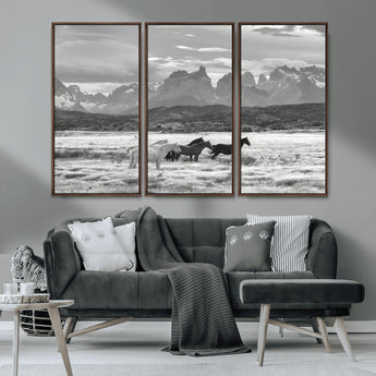 21655040-MGV-CV-36X24-Wild Horses Wall Art Canvas Print, Framed Black White Mountains Art Picture Print, Rustic Countryside Perfect Rustic Western Decor