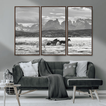 21655040-MGV-CV-36X24-Wild Horses Wall Art Canvas Print, Framed Black White Mountains Art Picture Print, Rustic Countryside Perfect Rustic Western Decor