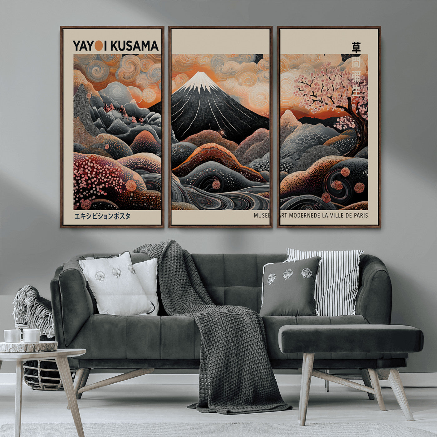 55739266-MGV-CV-36X24-Japanese Wall Art Print – Abstract Yayoi Kusama Inspired Dotted Landscape Poster, Surreal Oriental Mountain and Cherry Blossom