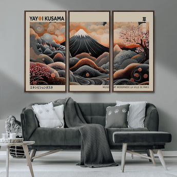 55739266-MGV-CV-36X24-Japanese Wall Art Print – Abstract Yayoi Kusama Inspired Dotted Landscape Poster, Surreal Oriental Mountain and Cherry Blossom