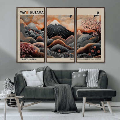 55739266-MGV-CV-36X24-Japanese Wall Art Print – Abstract Yayoi Kusama Inspired Dotted Landscape Poster, Surreal Oriental Mountain and Cherry Blossom