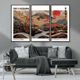 40959107-MGV-FC-48X32-3P_Walnut-Japanese Fuji Wall Art Print – Red Sun & Cherry Blossom Poster, Gold Wave Ukiyo-e Inspired Modern Japan Landscape Painting,