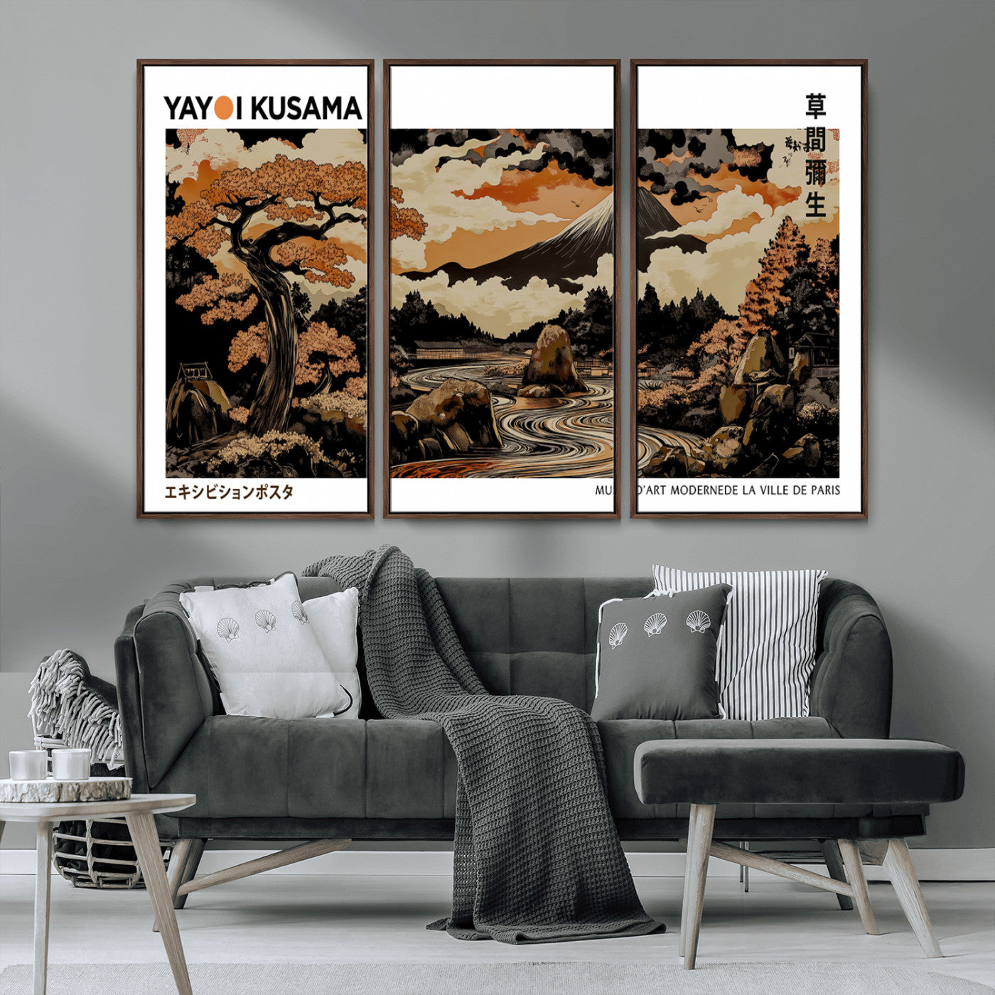 96372548-MGV-CV-36X24-Japanese Landscape Wall Art Print – Mt. Fuji Poster with Bonsai Tree & River, Ukiyo-e Inspired Modern Japanese Artwork, Autumn