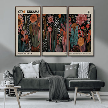 28344895-MGV-CV-36X24-Dark Floral Abstract Wall Art Poster – Modern Botanical Canvas Print with Beige Border, Kusama Inspired Boho Flower Painting,