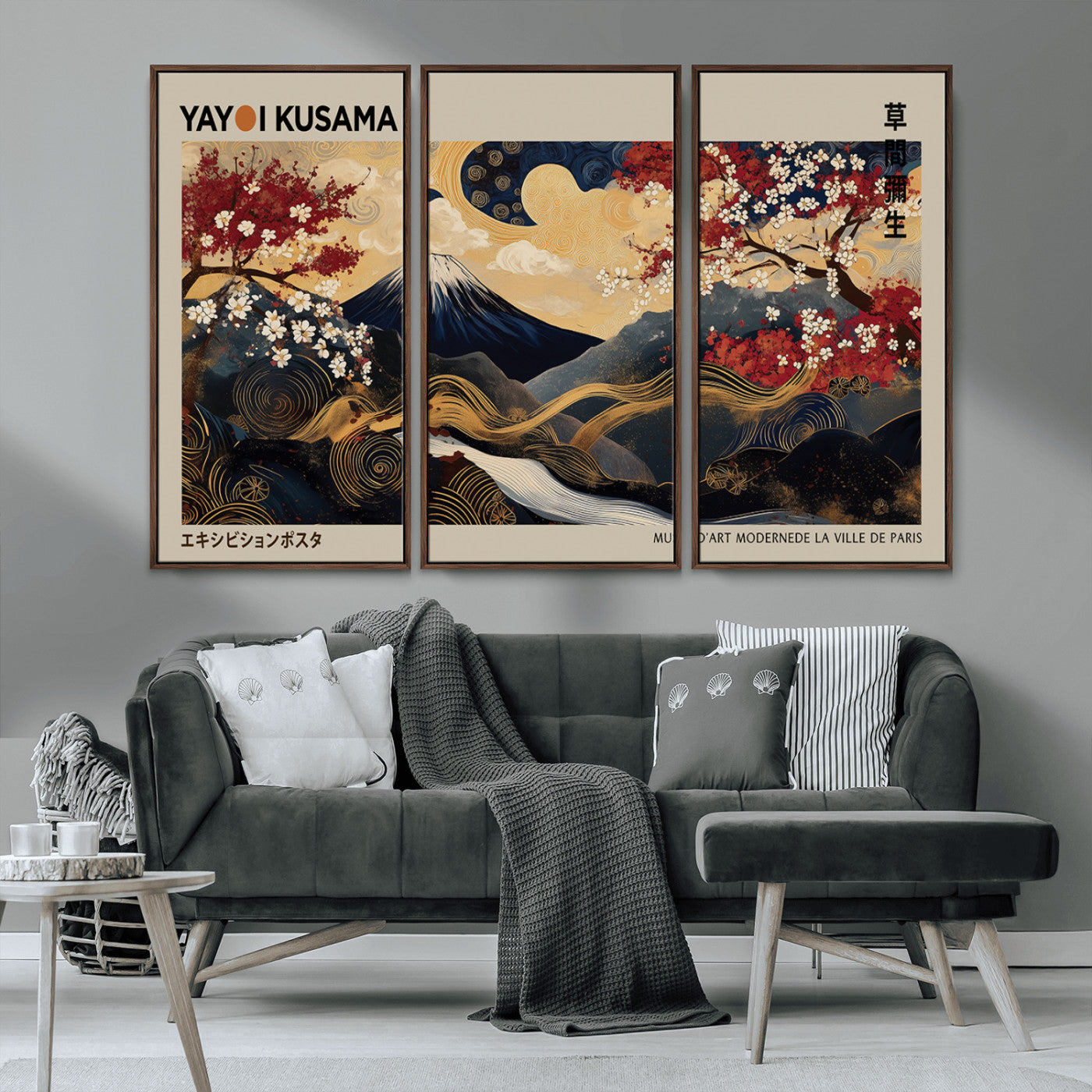 54967195-MGV-CV-36X24-Mount Fuji Wall Art – Japanese Cherry Blossom Abstract Canvas Print, Navy Gold Landscape Painting, Oriental Luxury Home Decor