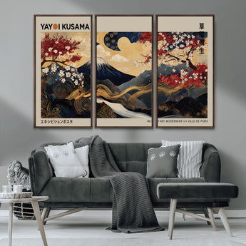 54967195-MGV-CV-36X24-Mount Fuji Wall Art – Japanese Cherry Blossom Abstract Canvas Print, Navy Gold Landscape Painting, Oriental Luxury Home Decor