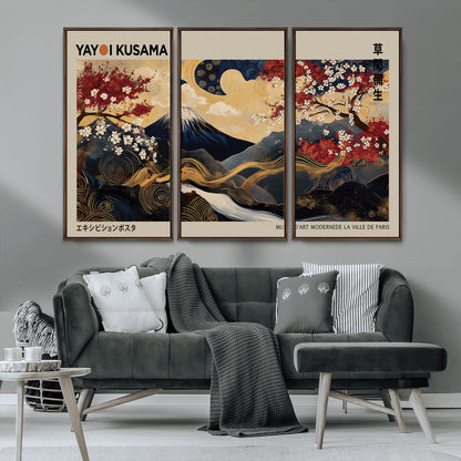 54967195-MGV-CV-36X24-Mount Fuji Wall Art – Japanese Cherry Blossom Abstract Canvas Print, Navy Gold Landscape Painting, Oriental Luxury Home Decor