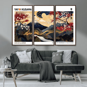 66243961-MGV-FC-48X32-3P_Walnut-Mount Fuji Japanese Wall Art – Golden Abstract Landscape Canvas Print, Cherry Blossom Painting, Modern Oriental Zen Home Decor