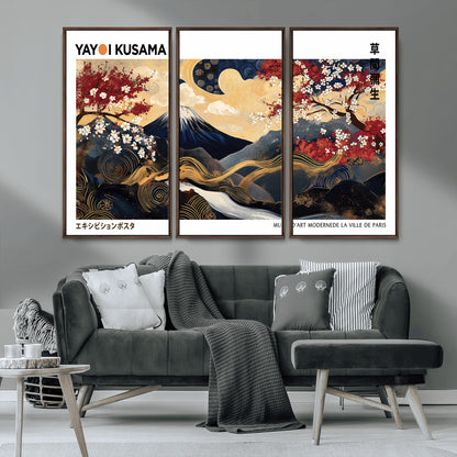 66243961-MGV-FC-48X32-3P_Walnut-Mount Fuji Japanese Wall Art – Golden Abstract Landscape Canvas Print, Cherry Blossom Painting, Modern Oriental Zen Home Decor