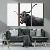 99244177-MGV-CV-36X24-Longhorn Photography Wall Art Canvas Print, Framed Western Cow Decor Art Picture Print, Black White Bull Perfect Modern Rustic