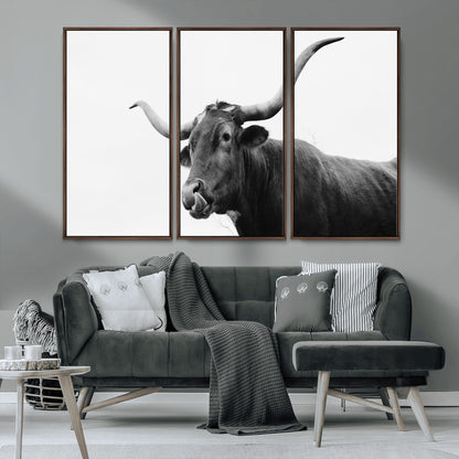 99244177-MGV-CV-36X24-Longhorn Photography Wall Art Canvas Print, Framed Western Cow Decor Art Picture Print, Black White Bull Perfect Modern Rustic