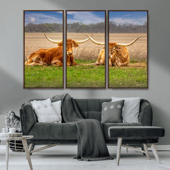 97244565-MGV-CV-36X24-Longhorn Duo Wall Art Canvas Print, Framed Cozy Ranch Vibes Art Picture Print, Western Ranch Decor Perfect Rustic Farmhouse Decor