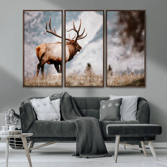 70489411-MGV-FC-48X32-3P_Walnut-Elk Photography Wall Art Canvas Print, Framed Mountain Wildlife Art Picture Print, Rustic Nature Decor Perfect Rustic Lodge Decor