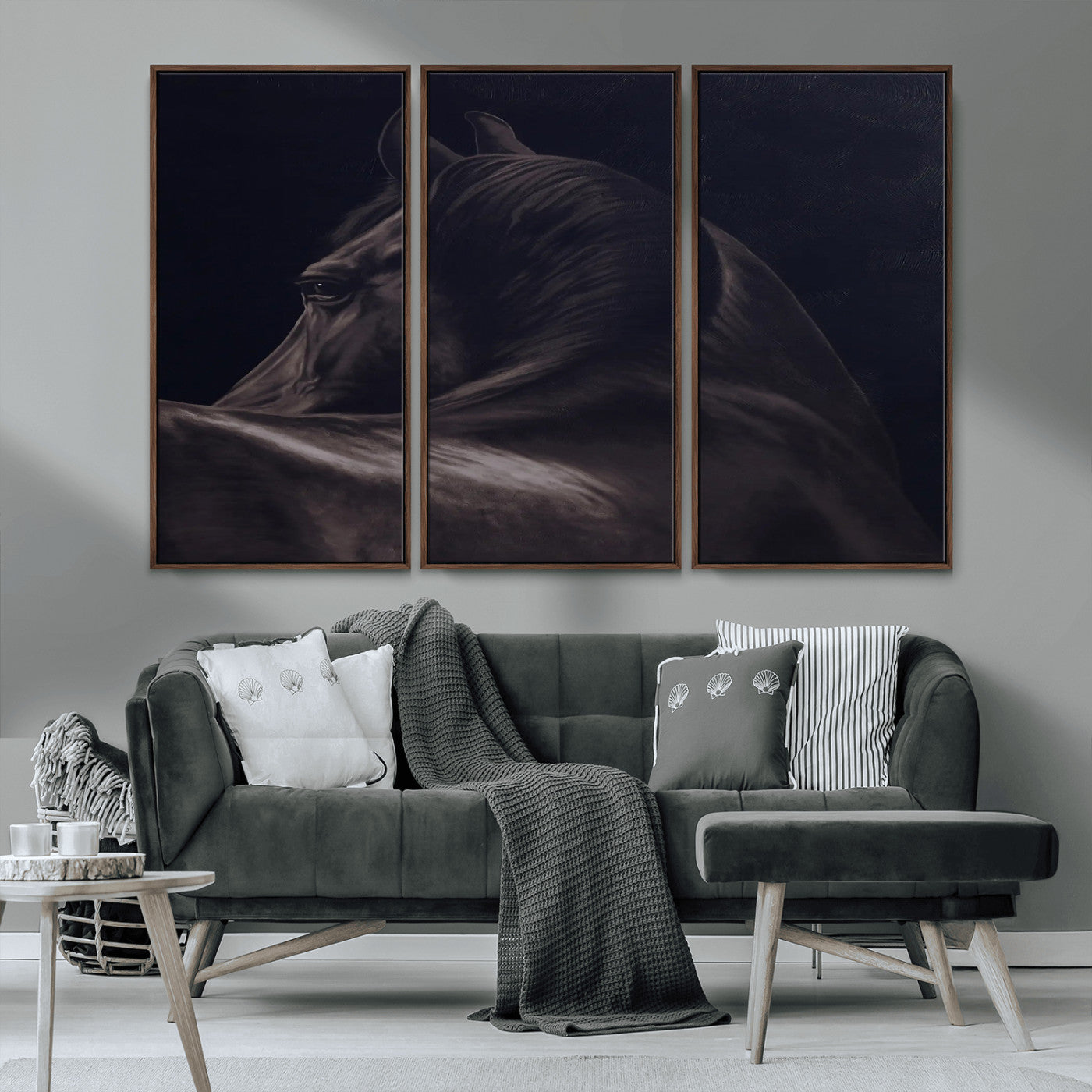 67026880-MGV-CV-36X24-Black Horse Portrait Wall Art Canvas Print, Framed Moody Horse Decor Art Picture Print, Equestrian Wall Style Perfect Masculine