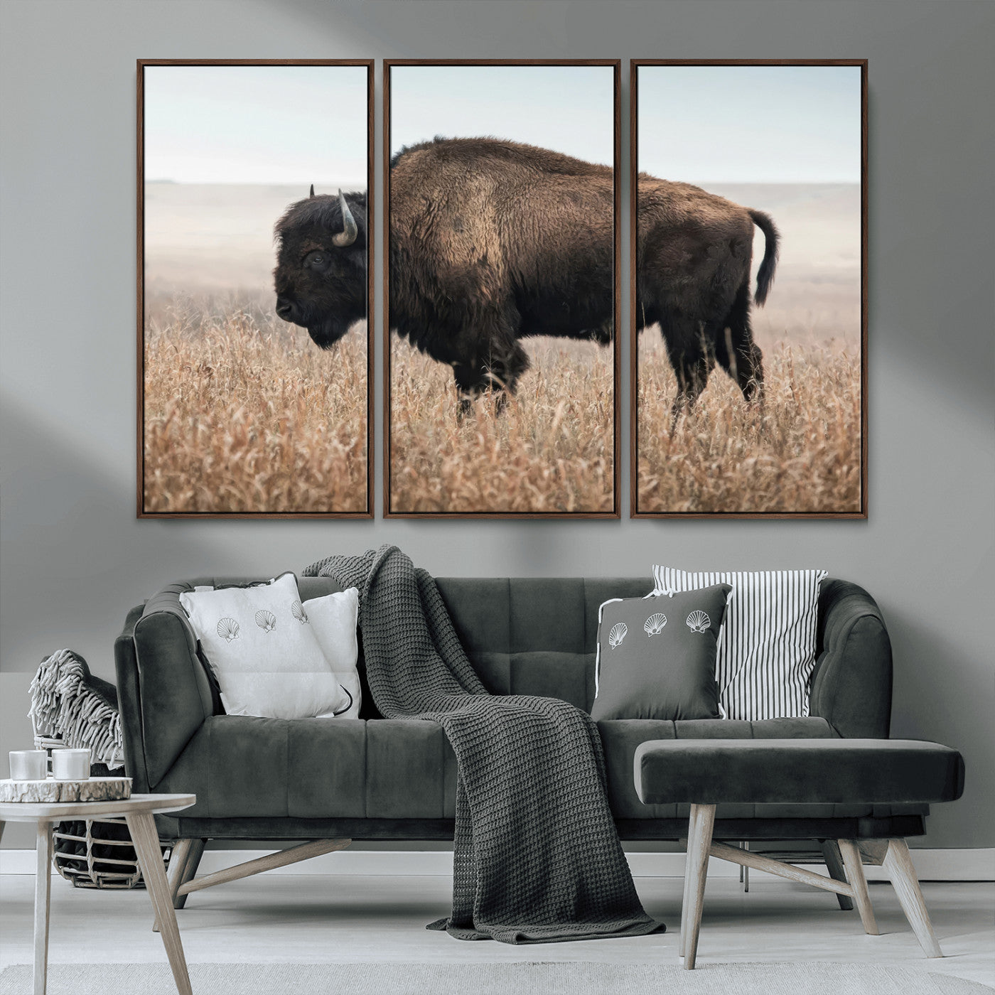 34451925-MGV-CV-36X24-Rustic Bison Decor Wall Art Canvas Print, Framed Buffalo Home Accent Art Picture Print, Prairie Wildlife Scene Perfect Western