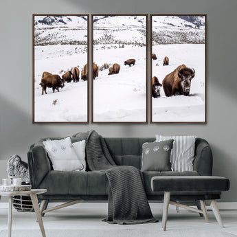 13891210-MGV-FC-48X32-3P_Walnut-Bison Herd Scene Wall Art Canvas Print, Framed Western Wildlife Decor Art Picture Print, Snowy Mountain Valley Perfect Rustic