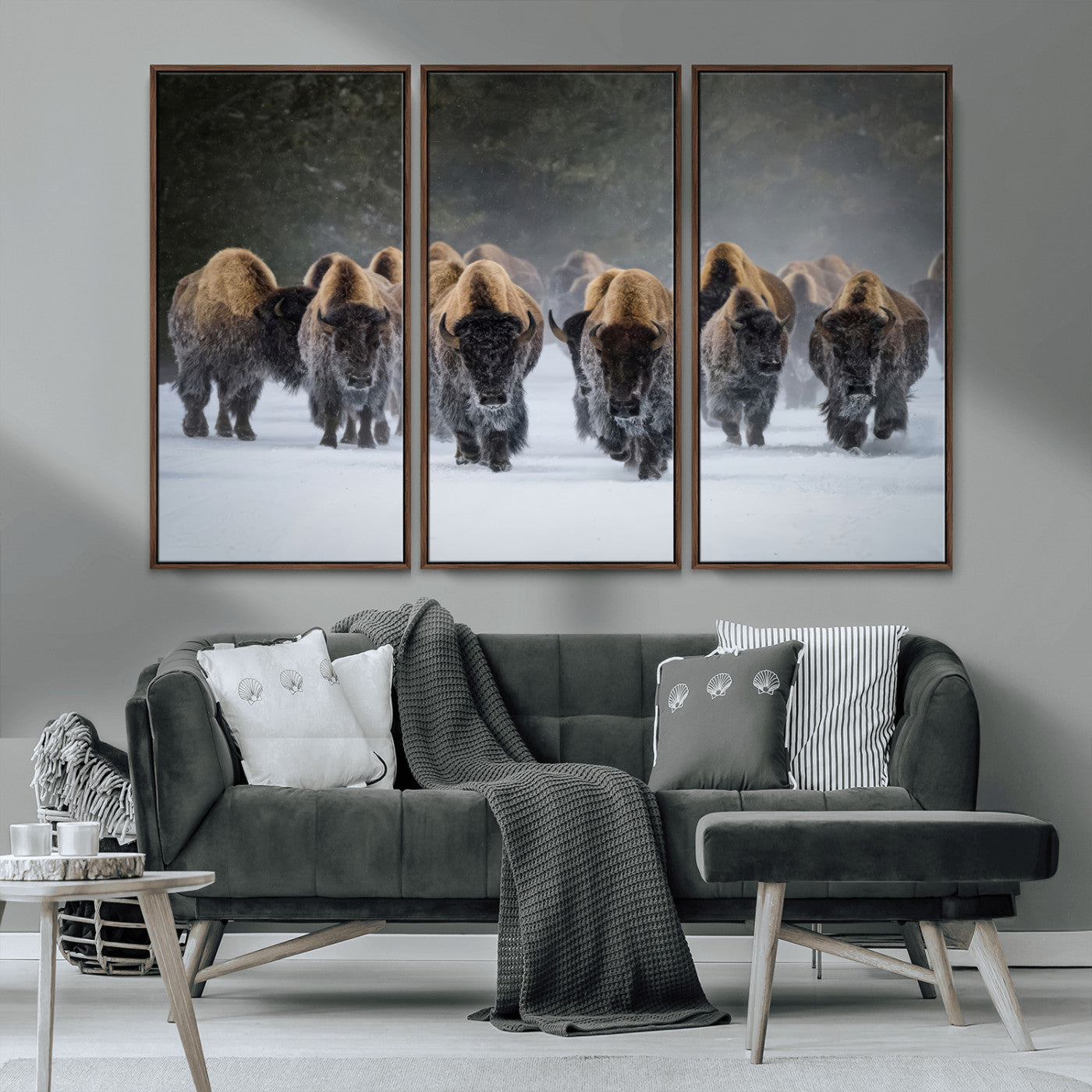 41669135-MGV-CV-36X24-Bison Herd Scene Wall Art Canvas Print, Framed Rustic Wildlife Decor Art Picture Print, Snowy Bison Landscape Perfect Rustic