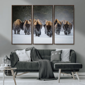 41669135-MGV-CV-36X24-Bison Herd Scene Wall Art Canvas Print, Framed Rustic Wildlife Decor Art Picture Print, Snowy Bison Landscape Perfect Rustic