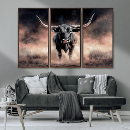 71457818-MGV-CV-36X24-Longhorn Wall Art Wall Art Canvas Print, Framed Western Bull Canvas Art Picture Print, Rustic Cow Decor Perfect Western Dramatic